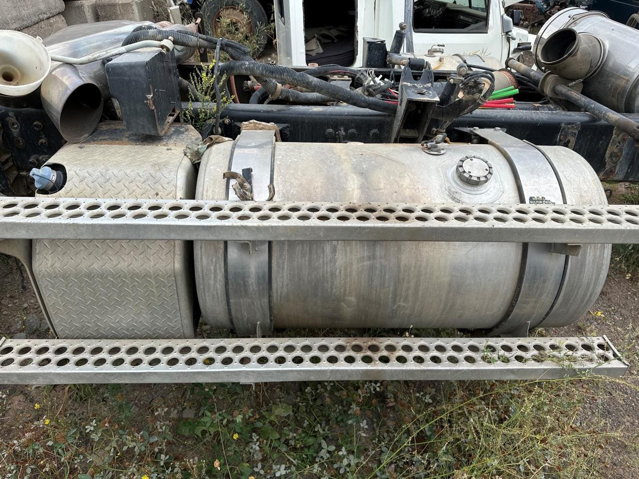 A close up of the side of an old truck