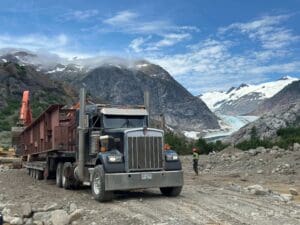 A large truck is parked on the side of a road.